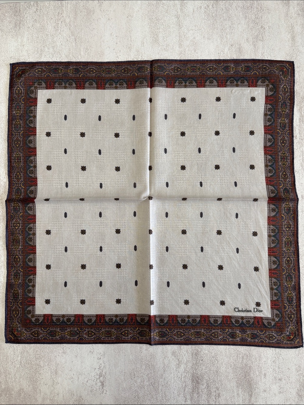 Dior Cream cotton Pocket Square with Brown Motifs and Navy Paisley Border